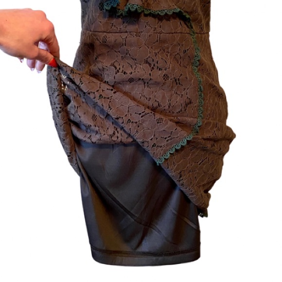 Brown Lace Ruffled One-Shoulder Sheath Dress w/ Green Trim by 5th Culture (L) - Picture 8 of 14